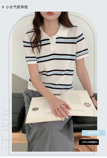 Summer 100% cotton women's T-shirt casual striped knit pullover short sleeved loose POLO collar Tees Pull fashion tops