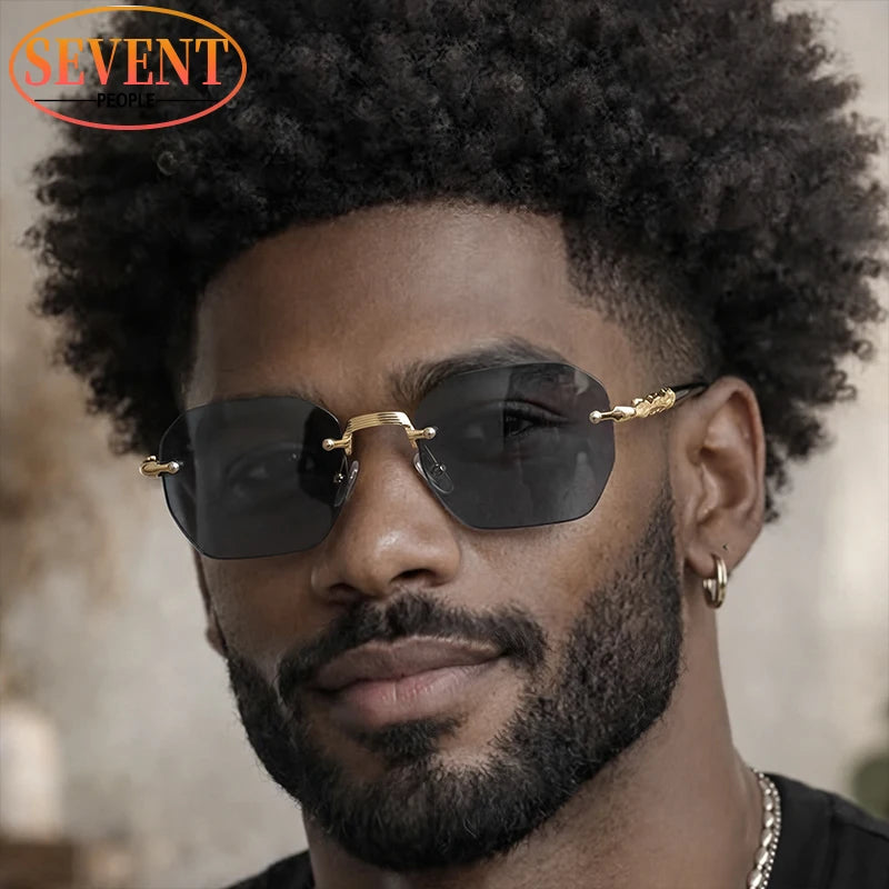 Steampunk Rimless Square Sunglasses Men Luxury Designer Vintage Metal Polygon Outdoor Sun Glasses Male Frameless Shades