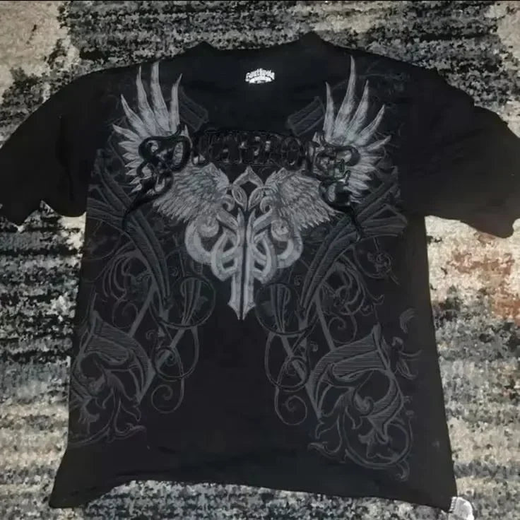 Southpole Y2K Vintage Cotton Graphic Tee Distressed Oversized Unisex T-Shirt with Gothic Print Streetwear Retro Soft Shirt Man
