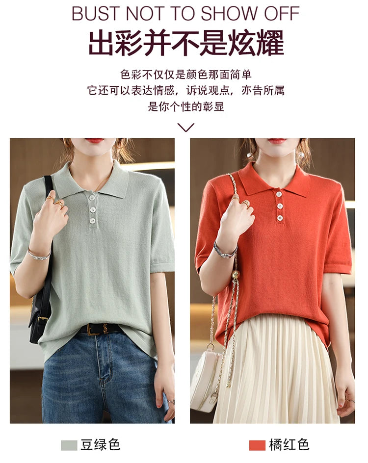 Women's T-shirt Summer 100% Cotton Sweater Short Sleeve Casual Knitted POLO Collar Women's Top Loose Pullover T-shirt Button