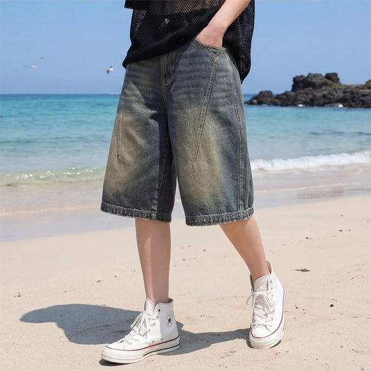 High Street Vintage Gradient Denim Shorts Loose Wide Leg Summer Casual Fashionable Versatile Must Have Shorts for Trendsetters