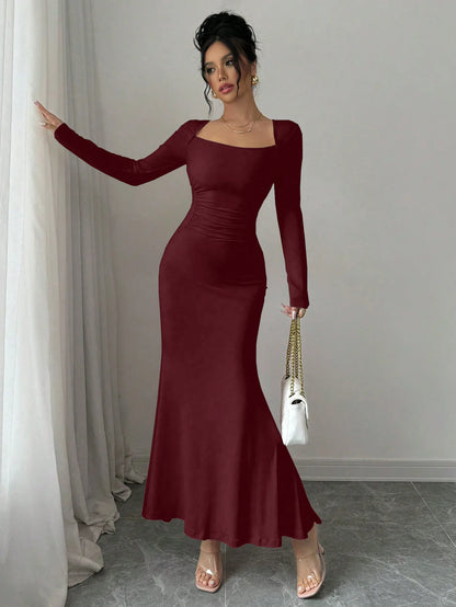 Women's Four Seasons New Style Women's Elegant Temperament Retro Solid Color Square Collar Long Sleeve Dress
