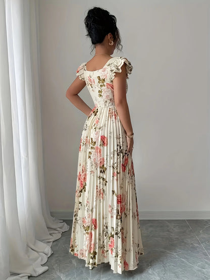 Elegant Beige Floral Pleated Midi Dress with Ruffle Square Neck and Stretch High Waist Slim Fit Party Evening Gown