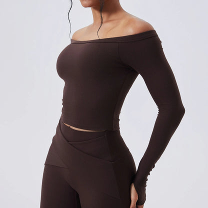 Slash Neck Long Sleeve Yoga Shirts Women Crop Top Breathable Quick Dry Sport T-shirt Female Gym Workout Top Fitness Clothing New