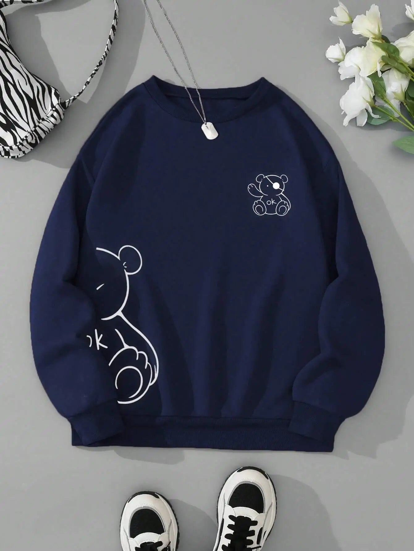 Profashion OK Teddy bear Printing Sweatshirts For Women Classic Retro Fashion Hoodies Fleece Warm Casual Clothes Loose Sportswear