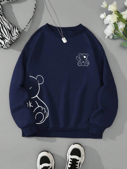 Profashion OK Teddy bear Printing Sweatshirts For Women Classic Retro Fashion Hoodies Fleece Warm Casual Clothes Loose Sportswear