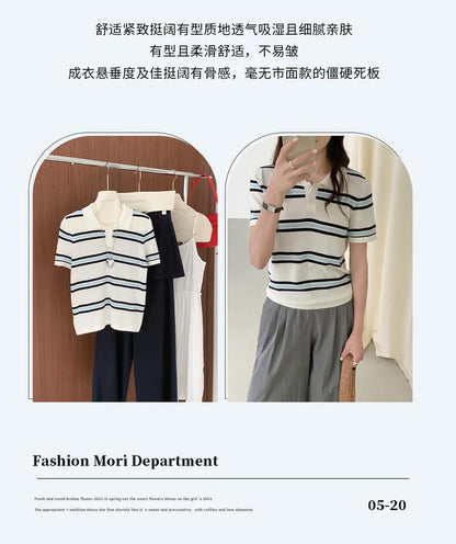 Summer 100% cotton women's T-shirt casual striped knit pullover short sleeved loose POLO collar Tees Pull fashion tops