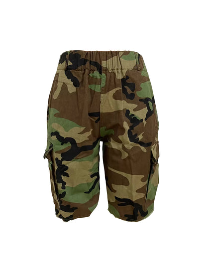 New Product Rubber Waist Printed Camo Multi Pocket Casual Women's Shorts