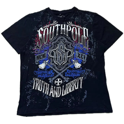 Southpole Y2K Vintage Cotton Graphic Tee Distressed Oversized Unisex T-Shirt with Gothic Print Streetwear Retro Soft Shirt Man