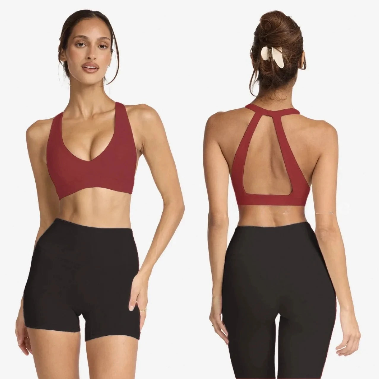 C-B Cross Back Sports Bra Naked Quick Dry Yoga Crop Top Padded Deep V Halter Backless Gym Running Workout Women Athletic Top