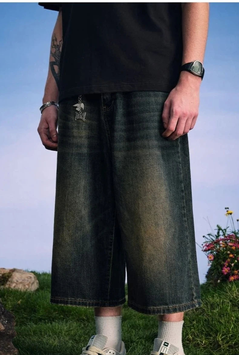 Men's Summer American High Street Retro Gradient Washed Denim Shorts Lazy Youth Trendy Ins New Versatile Casual Capri Pants