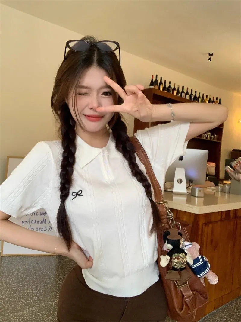 AOSSVIAO Summer New Korean Fashion Slim Polo shirt Knitted Short Sleeve T-shirt Sweet Bow Embroidered Knitted  Women Tops