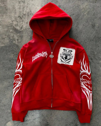 Mountainous Carving Harajuku Hoodie Y2K New Fleece Thickened Got Print Zipper Hoodie Women Street Hip Hop Joker Loose Sweatshirt