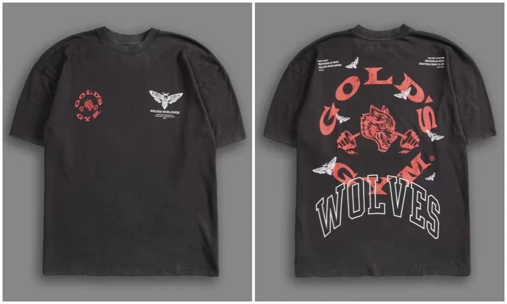 GYM Collaboration Fitness American Trendy Brand Wolf Head Print Pure Cotton Round-neck Couple T-shirts Summer Fashion Tees