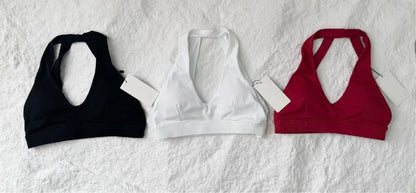 C-B Cross Back Sports Bra Naked Quick Dry Yoga Crop Top Padded Deep V Halter Backless Gym Running Workout Women Athletic Top