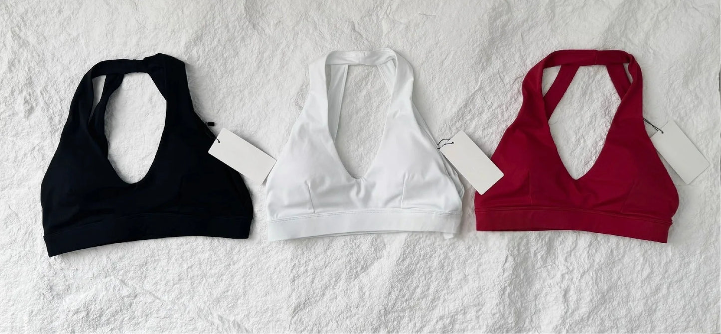 C-B Cross Back Sports Bra Naked Quick Dry Yoga Crop Top Padded Deep V Halter Backless Gym Running Workout Women Athletic Top