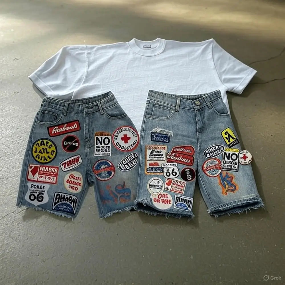 American Retro Denim Shorts Y2K Jeans Harajuku Hip Hop Cartoon Embroidery Retro Baggy Shorts Low Waist Sports Basketball Shorts