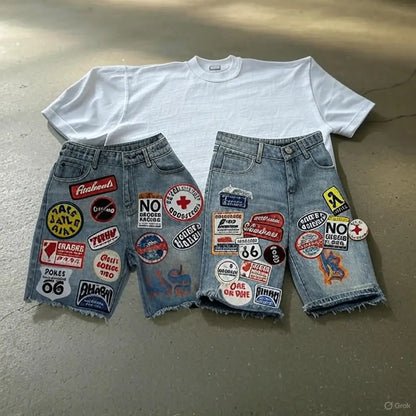 American Retro Denim Shorts Y2K Jeans Harajuku Hip Hop Cartoon Embroidery Retro Baggy Shorts Low Waist Sports Basketball Shorts