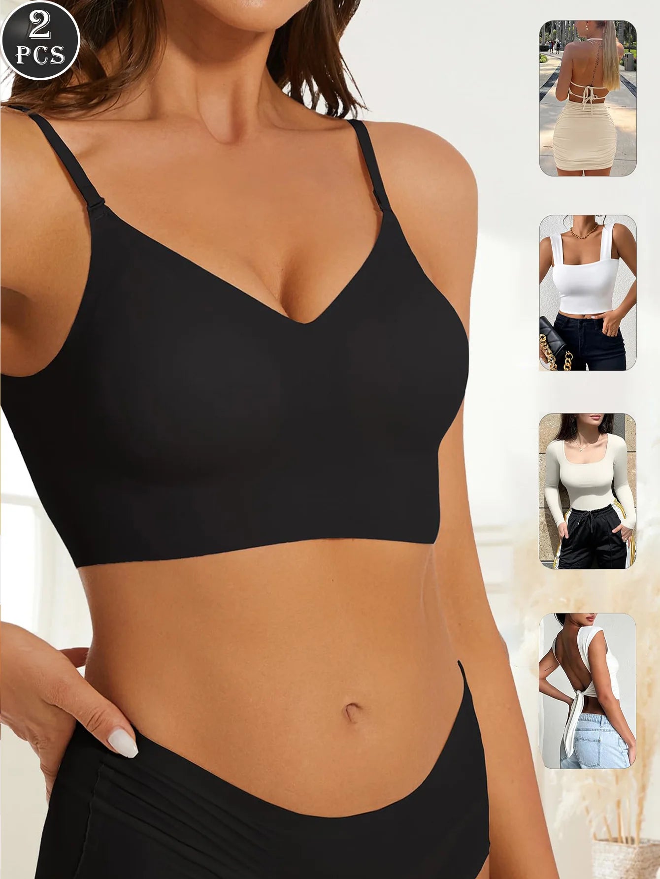Women Invisible Bra Deep U Plunge Bras Backless Top for Dresses Sexy Lingerie with Transparent Strap Push Up Strapless Underwea