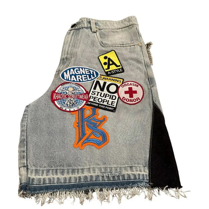 Retro Blue Streetwear Patchwork Denim Short Y2K Jeans Men Women Hip Hop Cartoon Graphics Loose Camo Denim Fitness Casual Shorts