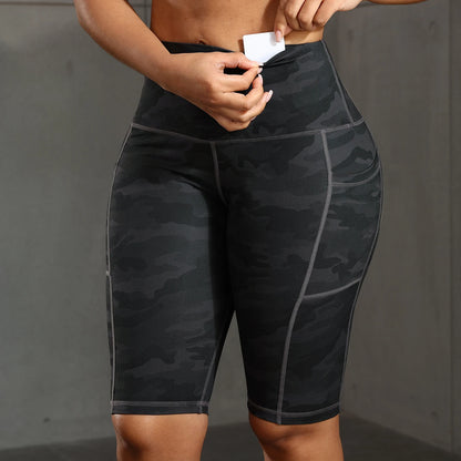 Solid Color Women Shorts with 3 Pockets Butt Lifting Workout Tights Stretch Athletic Five-pointed Pants Outdoor Fitness Shorts