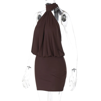 Hugcitar Fashion Halter Solid Sleeveless Backless Bandage Ruched Sexy Slim Mini Dress Summer Clothes Party Vacation Club