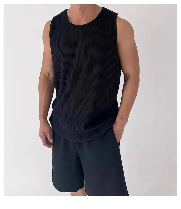 Men's White Ribbed Tank Top Summer Loose Fit Round Neck Gym Workout Sleeveless T-Shirt Sport Breathable Muscle Vest