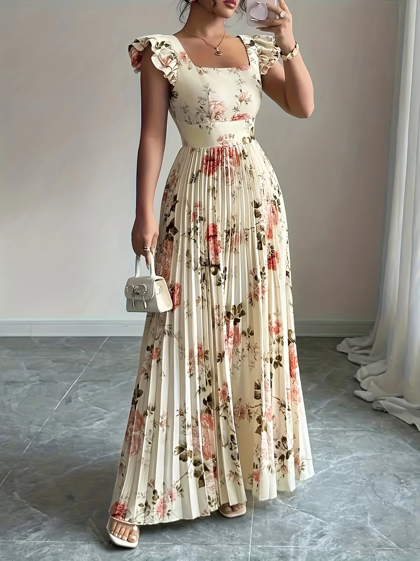 Elegant Beige Floral Pleated Midi Dress with Ruffle Square Neck and Stretch High Waist Slim Fit Party Evening Gown