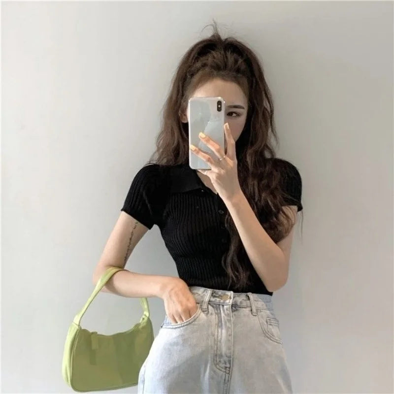New Polo Women TShirt Ribbed Knitted Sexy Tops Summer Basic Shirts Skinny Slim Casual Short Sleeve Vest Women's Top White Black