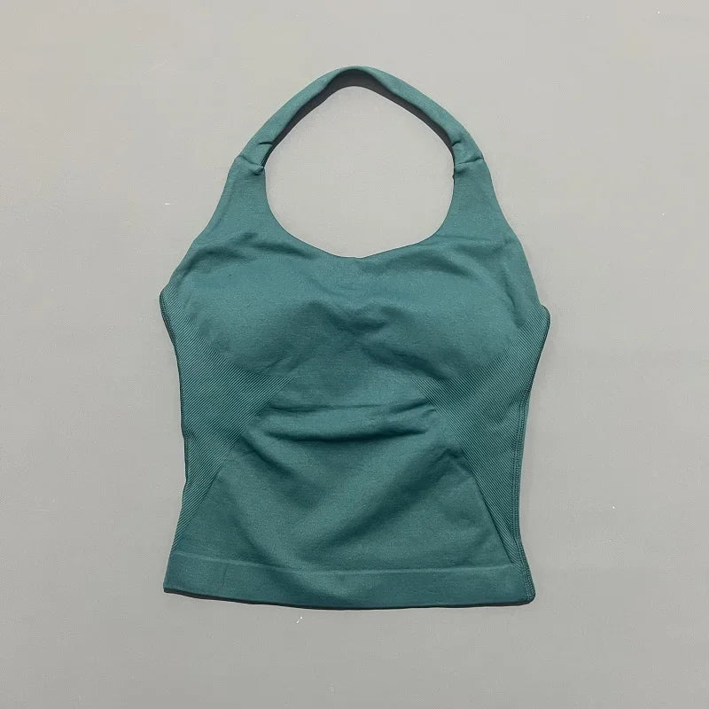 Histello Longline Strappy Top Women Sports Tank Halter Seamless Ruched Backless Gym Activewear Workout Yoga Fitness Tops