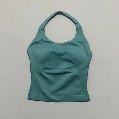 Histello Longline Strappy Top Women Sports Tank Halter Seamless Ruched Backless Gym Activewear Workout Yoga Fitness Tops