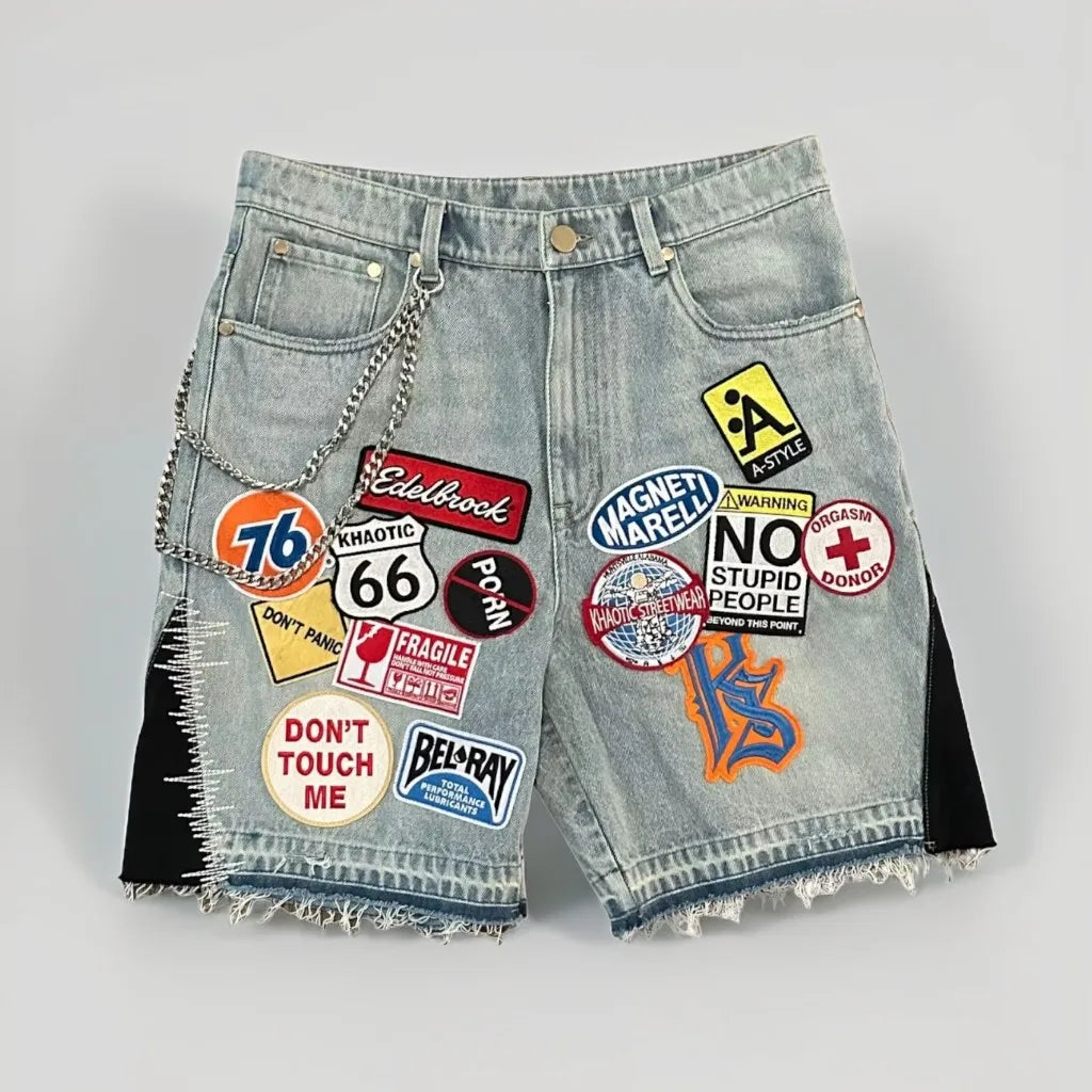 Retro Blue Streetwear Patchwork Denim Short Y2K Jeans Men Women Hip Hop Cartoon Graphics Loose Camo Denim Fitness Casual Shorts