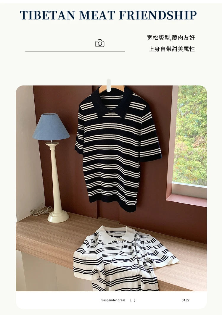 Summer women's100% cotton casual striped knitted T-shirt short sleeved loose POLO collar pullover Korean version fashionable top