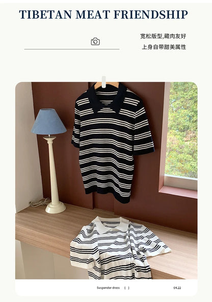 Summer women's100% cotton casual striped knitted T-shirt short sleeved loose POLO collar pullover Korean version fashionable top