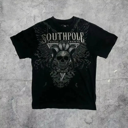 Southpole Y2K Vintage Cotton Graphic Tee Distressed Oversized Unisex T-Shirt with Gothic Print Streetwear Retro Soft Shirt Man