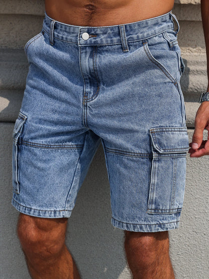 Men's Summer Blue Regular Denim Shorts. Multi-Pocket Design. Stylish and Casual.