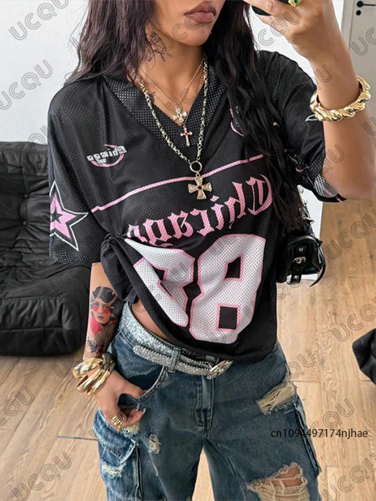 Summer New Chicago No.88 Print T Shirt For Women V-Neck Patchwork Short Sleeve Sports Football Jersey Y2K Loose Oversized Tops