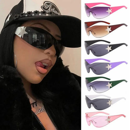 Rimless Punk Sunglasses Goggle Women Men Luxury Brand Wrap Around Sun Glasses Five Star Eyewear Sports One Piece Shades