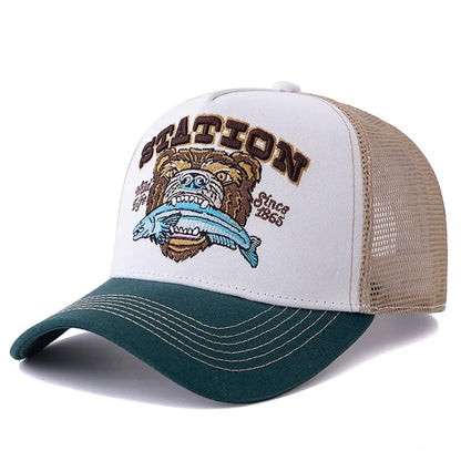 Bear Eating Fish Streetwear Hat Truck Hat Outdoor Skateboarding Hat Sunshade Baseball Hat Breathable Mesh Hat