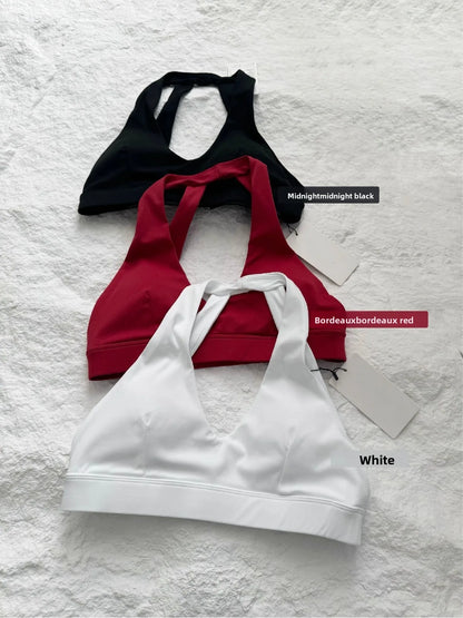 C-B Cross Back Sports Bra Naked Quick Dry Yoga Crop Top Padded Deep V Halter Backless Gym Running Workout Women Athletic Top