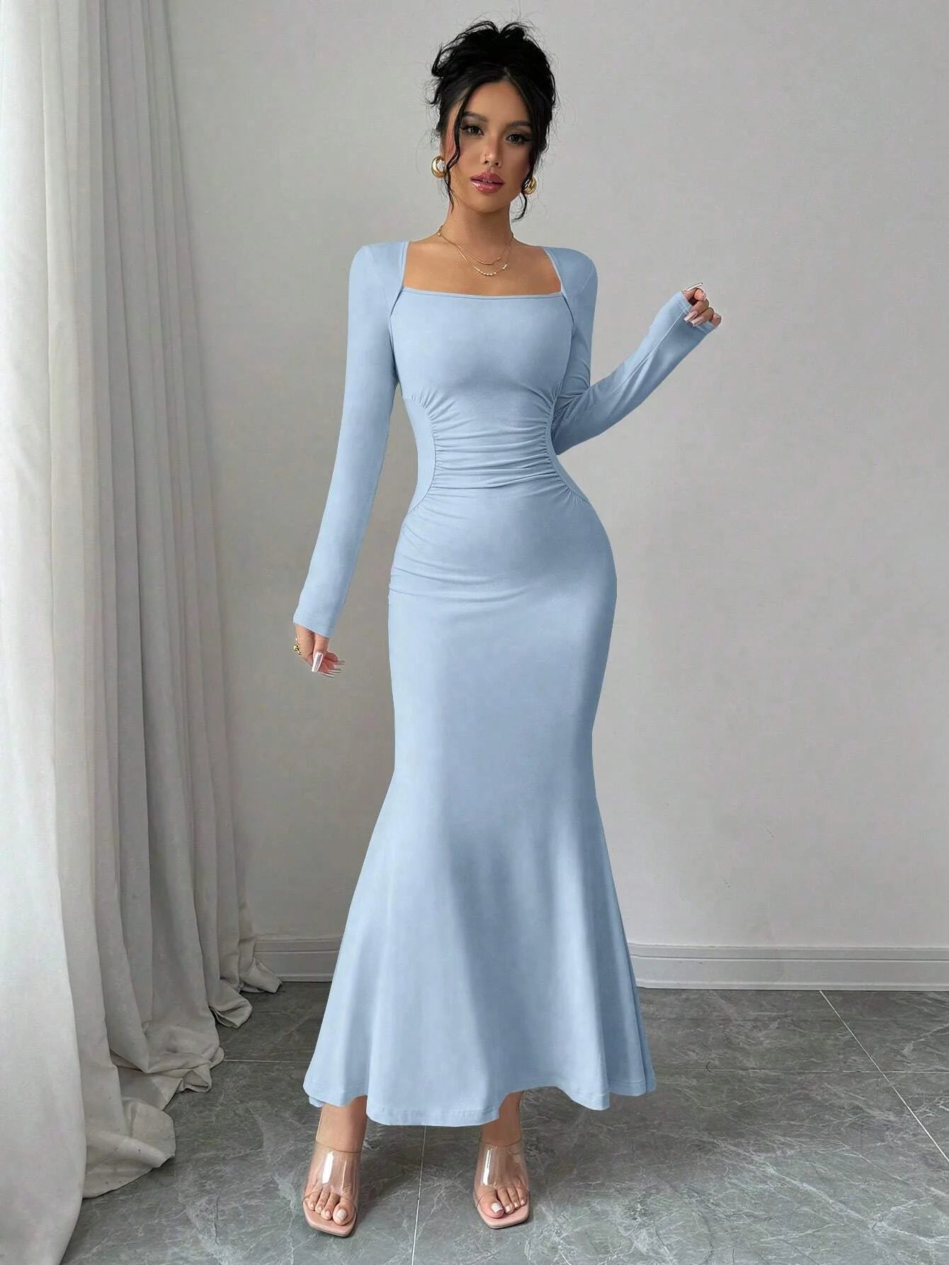 Women's Four Seasons New Style Women's Elegant Temperament Retro Solid Color Square Collar Long Sleeve Dress