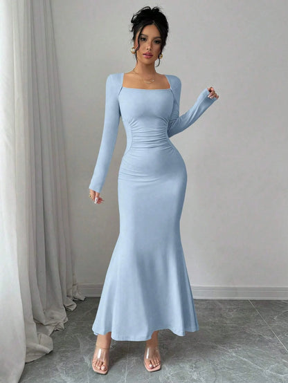 Women's Four Seasons New Style Women's Elegant Temperament Retro Solid Color Square Collar Long Sleeve Dress