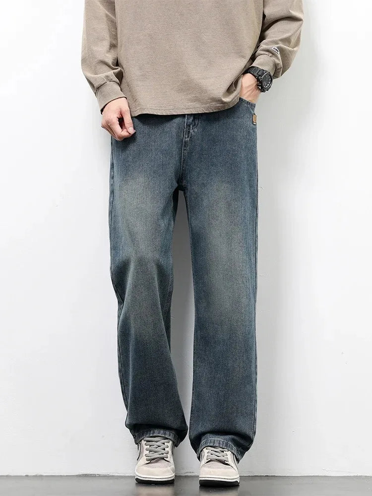 American Retro Straight Jeans Men Streetwear Loose Baggy Wide Leg Denim Pants Male Casual Trousers