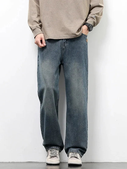 American Retro Straight Jeans Men Streetwear Loose Baggy Wide Leg Denim Pants Male Casual Trousers