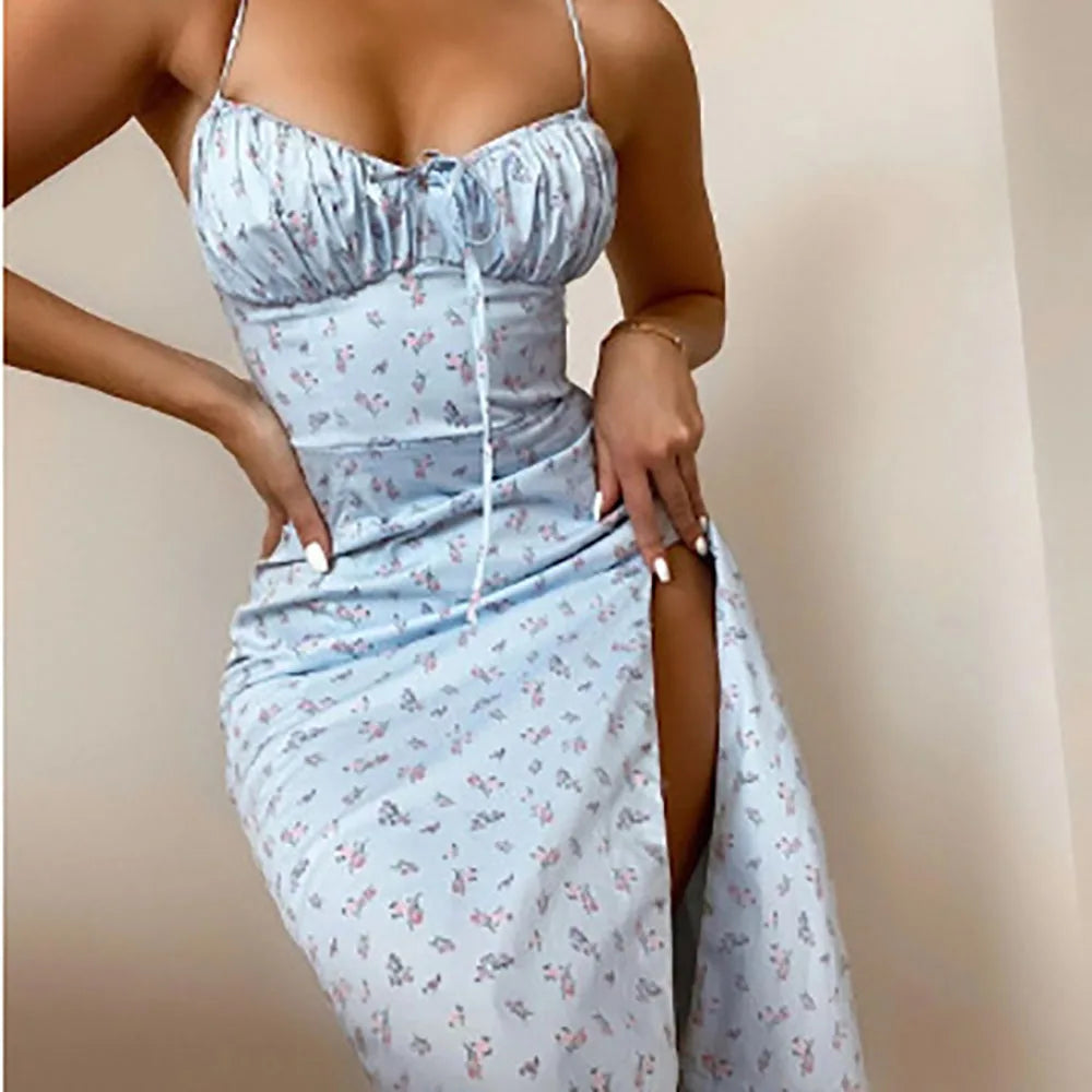 Women Elegant Floral Beach Vacation Streetwear Sexy Low Cut Beach Party Slim Slit Dress Chic Bodycon Lady Sleeveless Vestidos