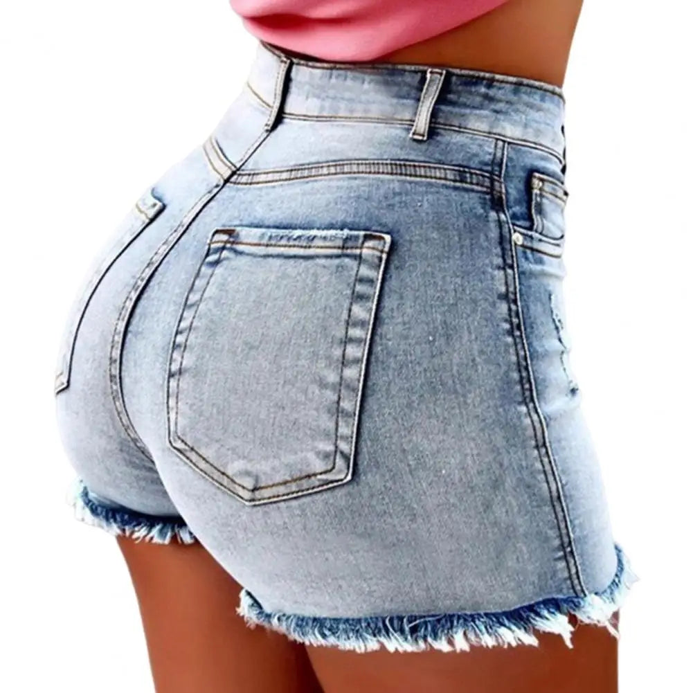 Profashion  Retro Distressed Ripped Edge Women Shorts High Waist Washed Butt-lifted Slim Fit Side Pockets Casual Club Party Short Pants