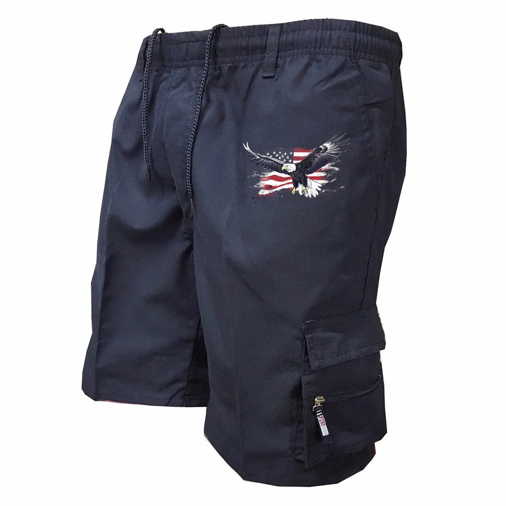 Male Cargo Shorts Elastic Waist Cycling Shorts Multi-pockets Loose Work Short Pants Outdoor Sport Printed Casual Shorts