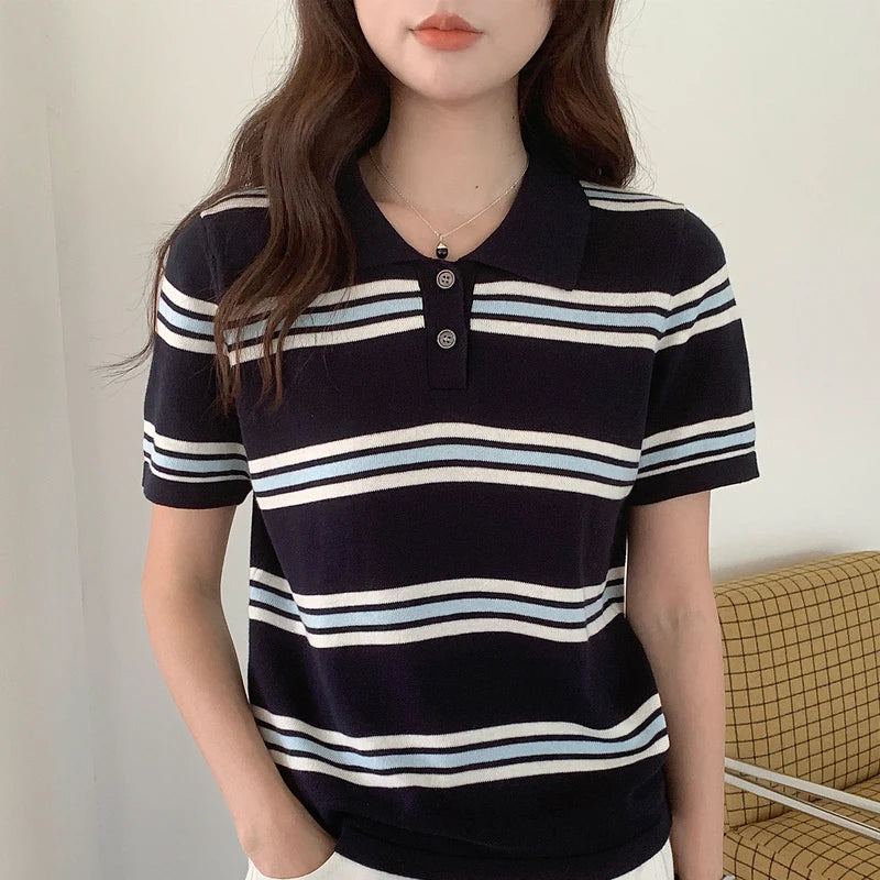 Summer 100% cotton women's T-shirt casual striped knit pullover short sleeved loose POLO collar Tees Pull fashion tops