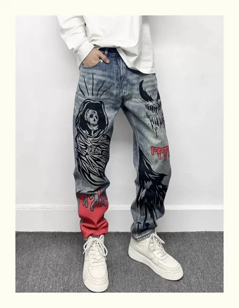Men's Retro American Street Hip Hop Flame Skull Print Jeans Man High Street Motorcycle Denim Long Pants Baggy Jeans Men Techwear