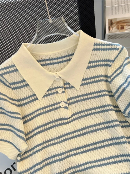 Polo Neck New Women's Knitting T-Shirt Striped Short Sleeve Women T Shirt for Female Slim Tops Woman T Shirts Clothing S145